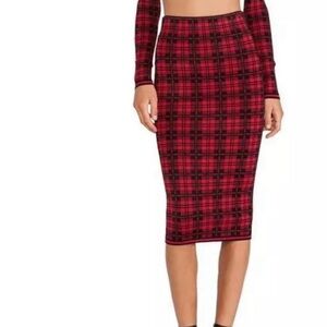 Torn by Ronny Kobo Skirt in Red & Black London Plaid Bodycon Midi